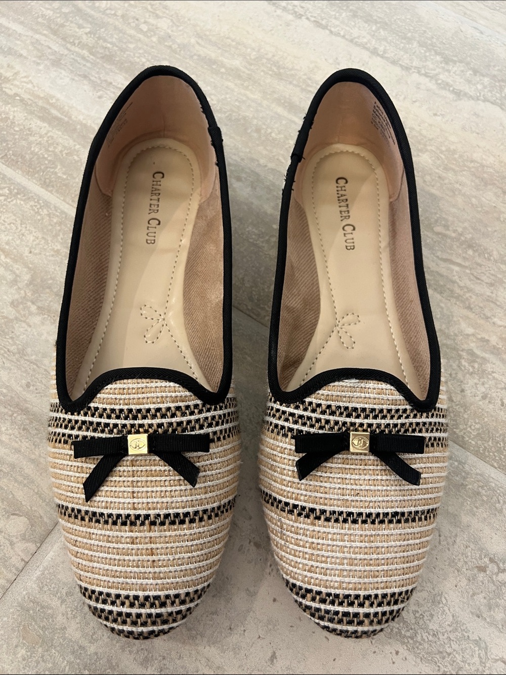 Charter Club Striped Beige and Black Ribbon Loafers